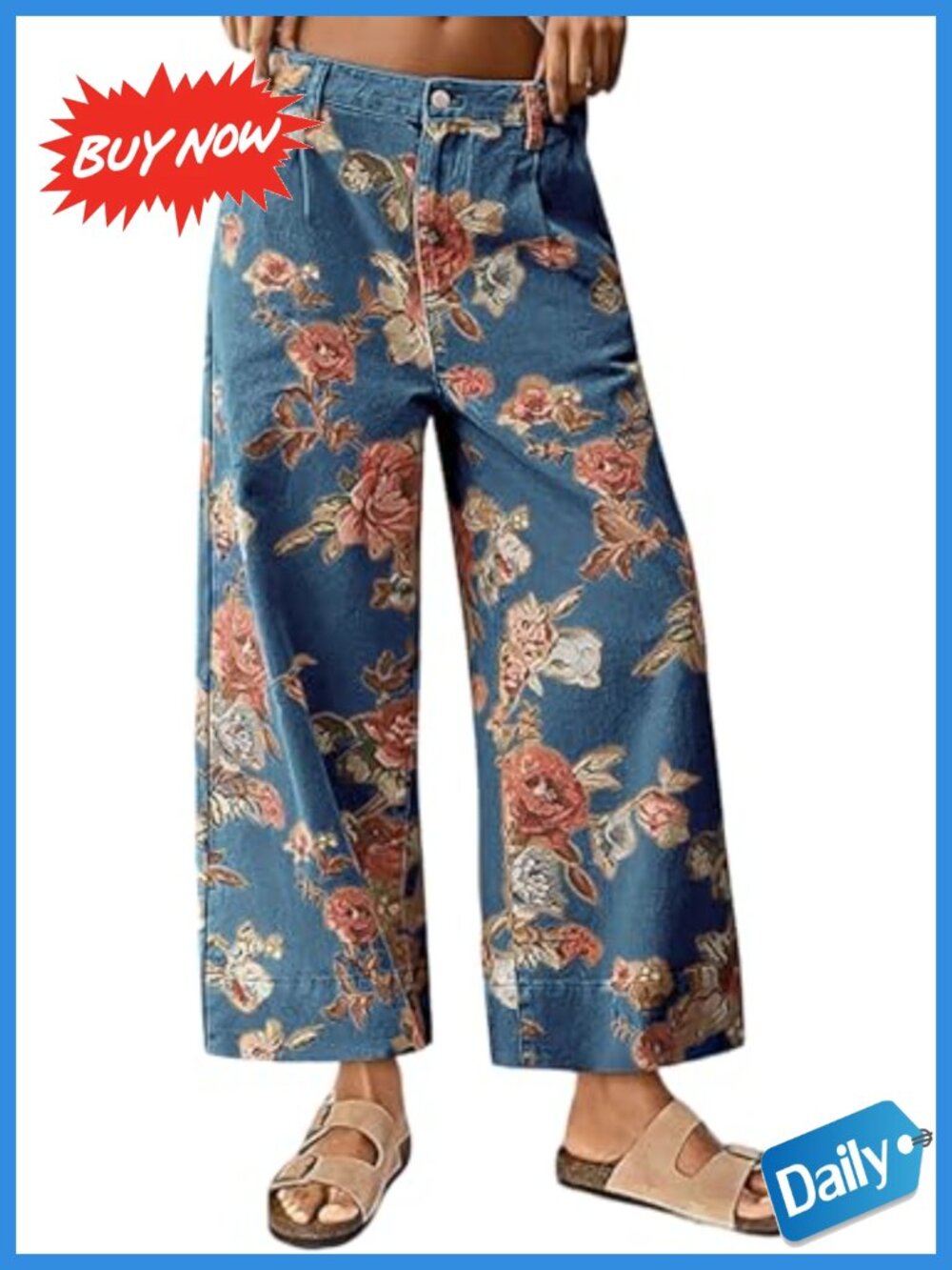 Wide Leg Cropped Floral Jeans Mid Rise Distressed Denim Capris